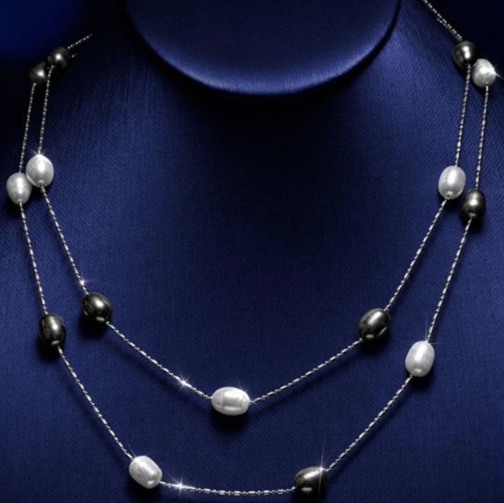 Black & White Freshwater Pearl Station Necklace 36in. Rodium Finish Chain - Picture 6 of 9